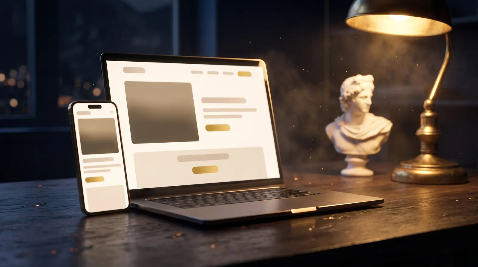 Un portatile e un telefono che mostrano un sito web, su una scrivania di legno accanto a un busto di marmo e a una lampada d&rsquo;ottone.